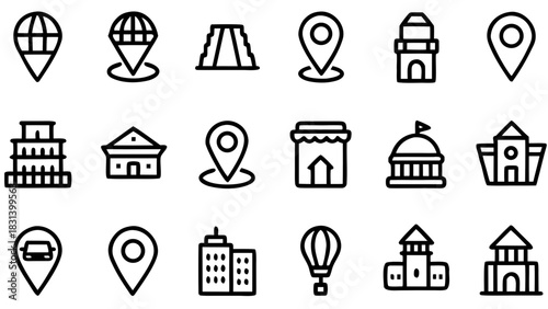 Illustration of various location icons including buildings monuments and transportation related symbols art
