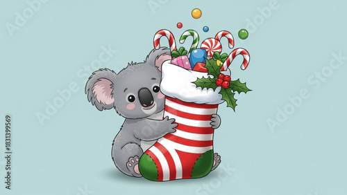 Adorable koala bear holding a festive Christmas stocking filled with candy canes, gifts, and holly, bringing joy and holiday cheer for seasonal designs
