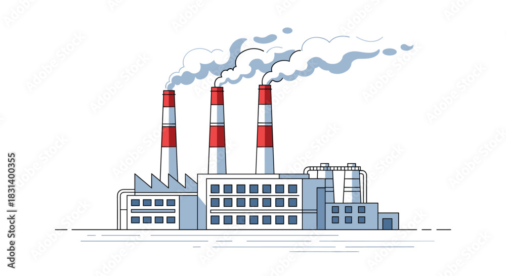 Obraz premium A large industrial factory with three tall smokestacks emits plumes of smoke into the air in a clean line art illustration.