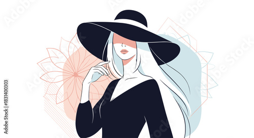 Stylish beautiful woman with long white hair wearing an elegant large black hat on an abstract background with floral elements.
