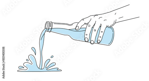 A hand tilts a clear glass bottle to pour out clean water which creates a large splash on a flat surface in a line art style.