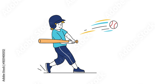 Young boy in a blue uniform and helmet swings a wooden bat to hit a fast-moving baseball in a dynamic sports illustration.