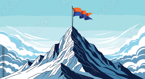 A vibrant orange and blue flag waves proudly from the summit of a snowy mountain peak symbolizing success and achievement.