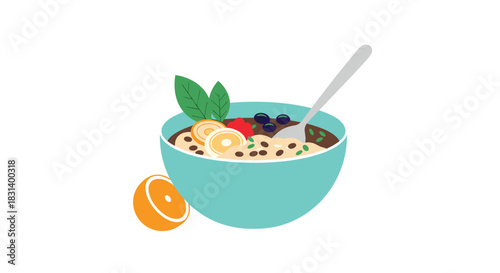 A healthy breakfast bowl of oatmeal is topped with fresh berries and orange slices with a sprig of mint on a white background.