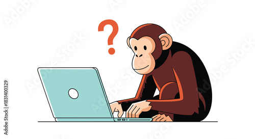 A confused cartoon chimpanzee with a large red question mark above its head tries to use a modern laptop computer.