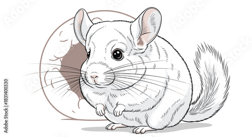 A detailed black and white sketch of an adorable fluffy white chinchilla with large ears and long whiskers sits cutely.