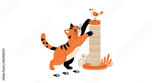 A playful orange tabby cat with black paws reaches up to a bird perched atop a sisal scratching post in a cute illustration.