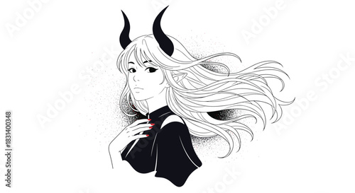 A beautiful anime-style girl with long flowing hair and dark horns is drawn in a black and white stippled art style.