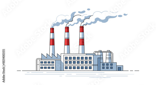A large industrial factory with three tall smokestacks emits plumes of smoke into the air in a clean line art illustration.