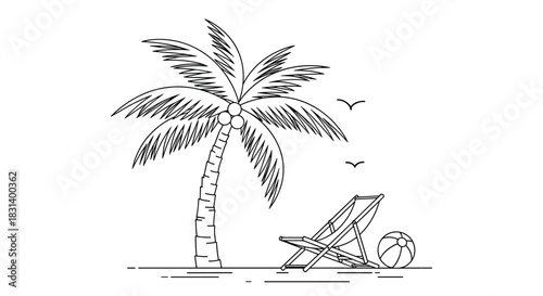 A minimal black and white outline drawing depicts a relaxing beach scene with a palm tree chair and a beach ball.