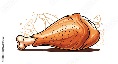 A delicious-looking roasted chicken drumstick with crispy golden-brown skin is ready to eat in this food illustration.