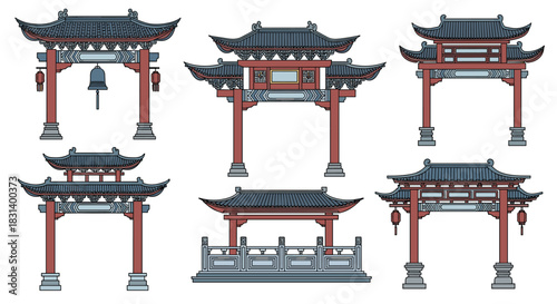 A set of six traditional chinese paifang archway gates with intricate roof details is illustrated in a clean line style.