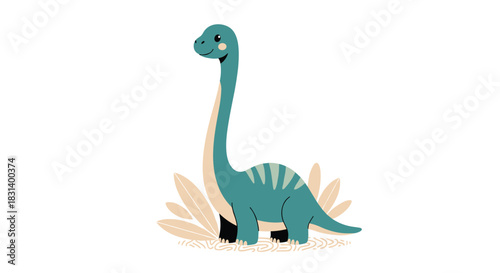 An adorable and friendly green brachiosaurus dinosaur with a long neck smiles cutely in a simple cartoon illustration.