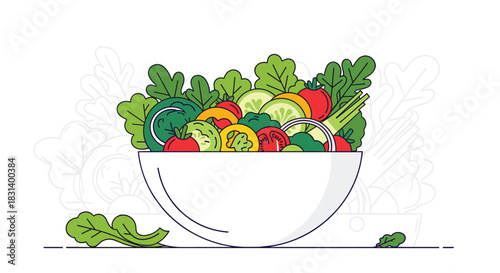 A large white bowl is overflowing with a fresh and healthy salad made of various greens and colorful chopped vegetables.