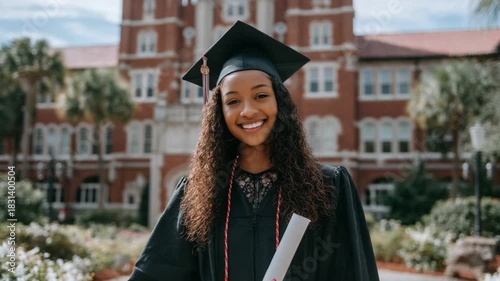 Graduation Glee: A radiant graduate, clad in cap and gown, beams with pride, clutching her diploma as she celebrates her academic triumph in front of a grand university building. 