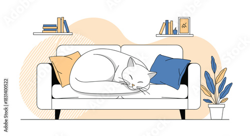 A cozy domestic scene shows a peaceful white cat curled up and sleeping on a comfortable sofa with colorful pillows.