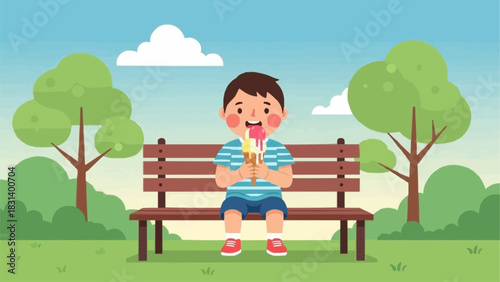 Happy cartoon boy eating a colorful ice cream cone.
