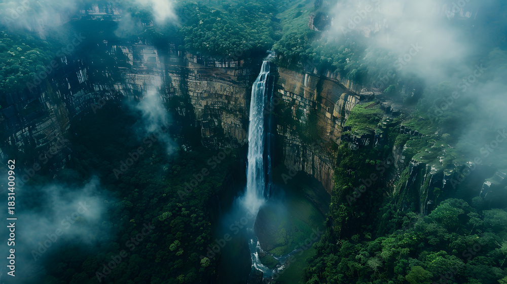 Fototapeta premium aerial view of giant waterfall plunging into crater