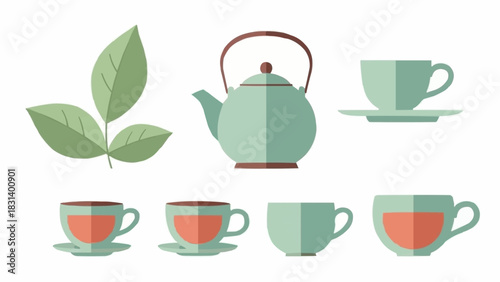 Tea set illustration featuring teapot cups and tea leaves in a flat design.