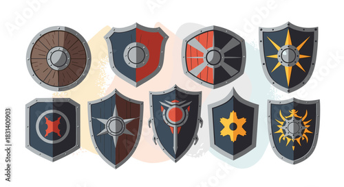 A diverse set of nine medieval fantasy shields featuring different shapes and emblems for battle protection and heraldry design.