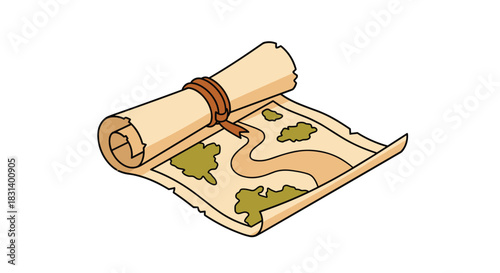An old-fashioned rolled parchment treasure map with worn edges is partially unrolled to reveal a path on a white background.