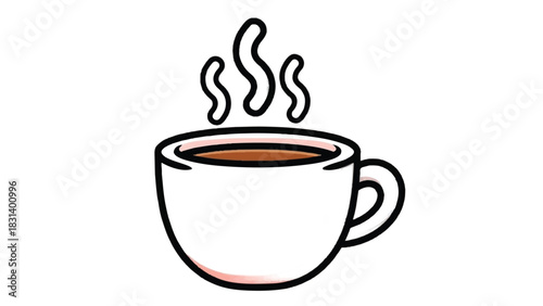 A steaming cup of hot coffee in a white mug.