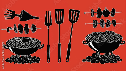 Set of black silhouette barbecue grilling tools and equipment.