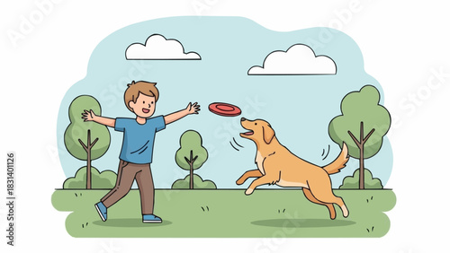 Boy playing frisbee with his dog in a park.