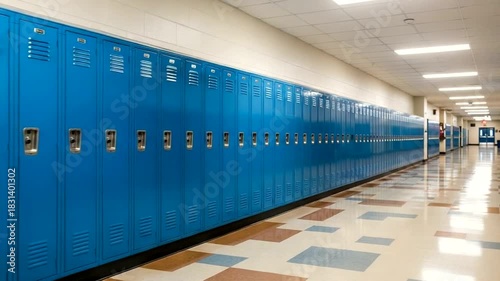 Clean School Hallway with blue Lockers and Tile Floor Perfect for Education Backgrounds or