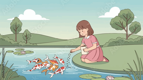 Young girl in a pink dress feeding a school of koi fish.
