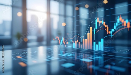Abstract finance graph on a glass floor, symbolizing technology and investment success in the global economy at sunset