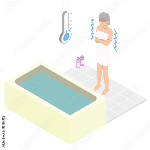 浴室が寒くて震える女性・アイソメトリック