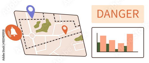 Map with pins, alert notification, Danger text, and bar graph tracking data correlations. Ideal for safety, monitoring, navigation, analysis threats alerts and planning. Simple flat metaphor