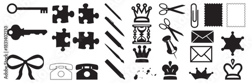 A collection of various black silhouette icons including keys puzzles and crowns