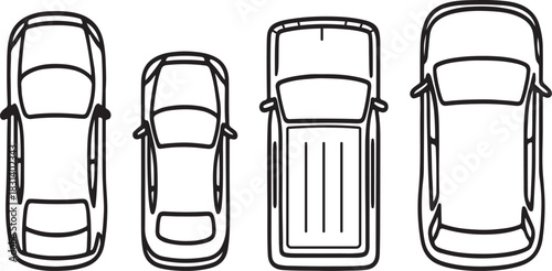 vehicles line art drawing top view icons set sedans, pickup truck, and suv vector Illustration