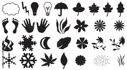 Collection of diverse black silhouette icons representing nature and abstract concepts