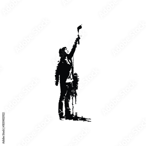 Black and white grunge illustration of a thorny heart pierced by a sword in retro vintage style