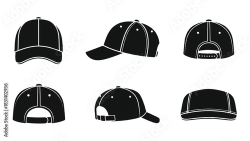 Baseball Cap Silhouettes - Front, Side, and Back Views.