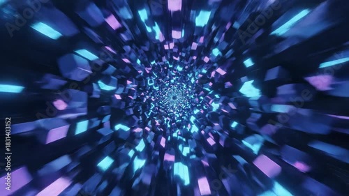 Digital oscillation of vibrant geometric shapes creating a pulsating, rhythmic tunnel effect in deep blue visualization, holographic, stream