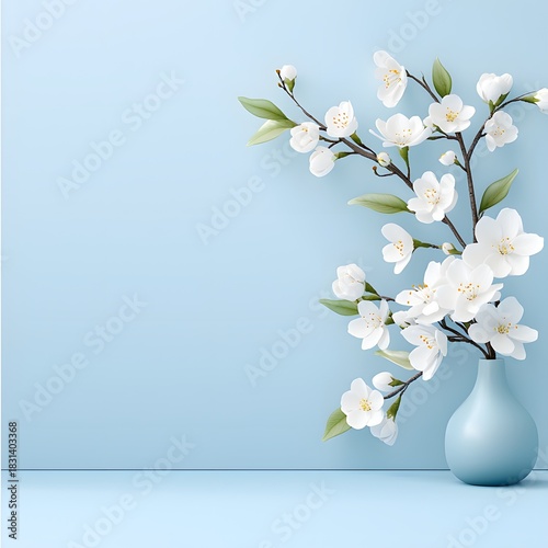 Pastel 3D Render of Spring White Flower Blooms in Blue Vase
