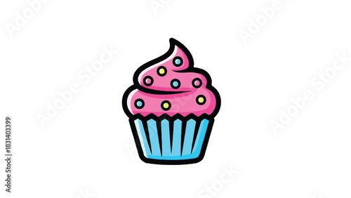A delightful pink frosted cupcake with colorful sprinkles.