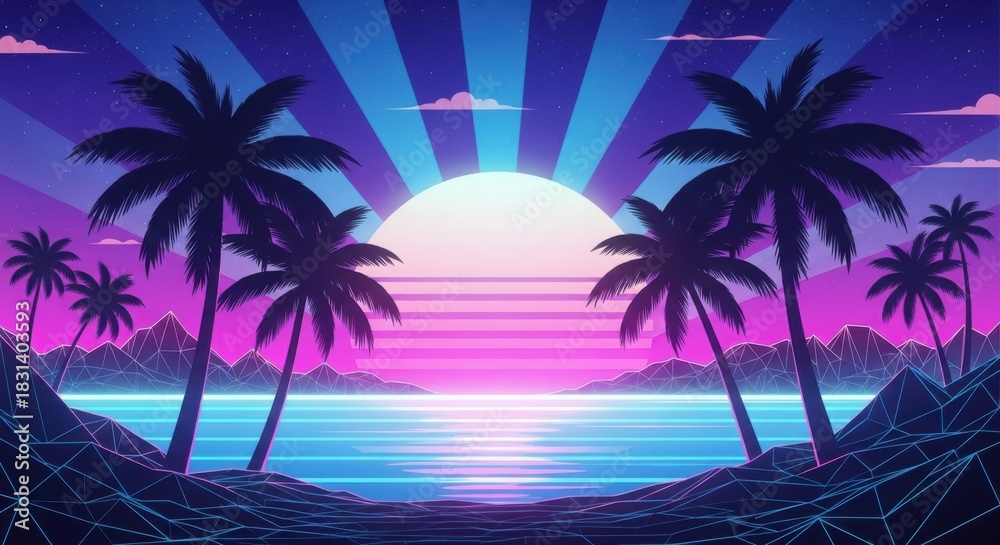 Fototapeta premium Retro sunset over tropical ocean with palm trees