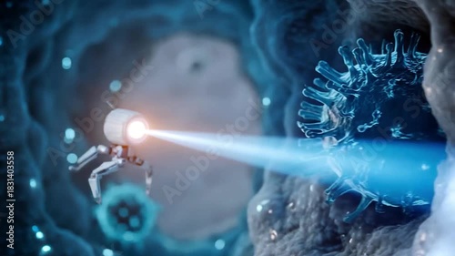 A futuristic nanobot emitting a laser beam to target and destroy a virus in a microscopic biological environment, representing advanced medical technology and disease combat.