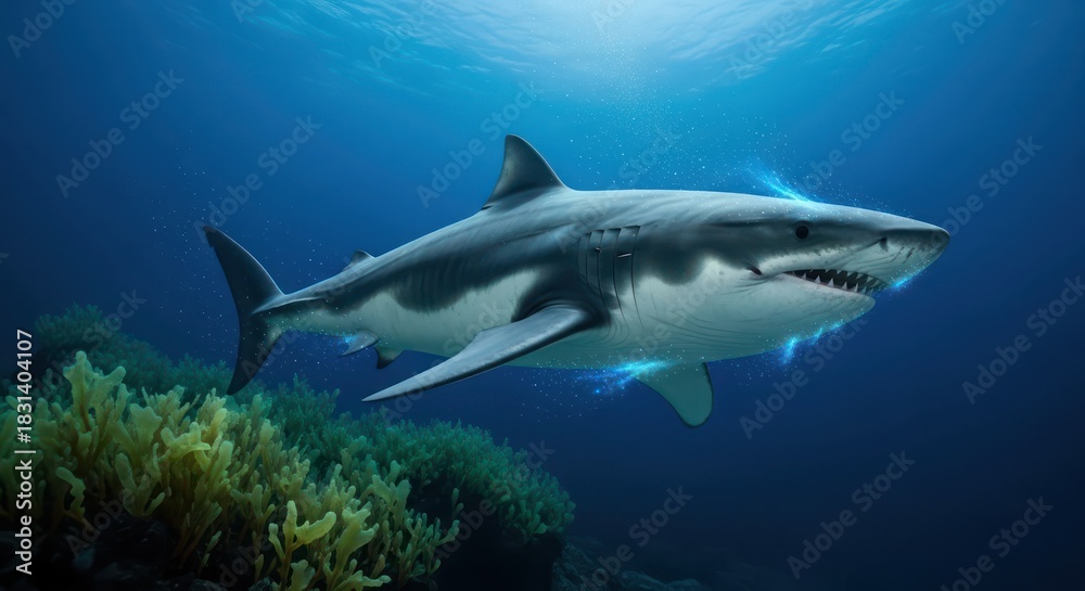Fototapeta premium Majestic great white shark gliding through pristine blue ocean depths near coral reefs
