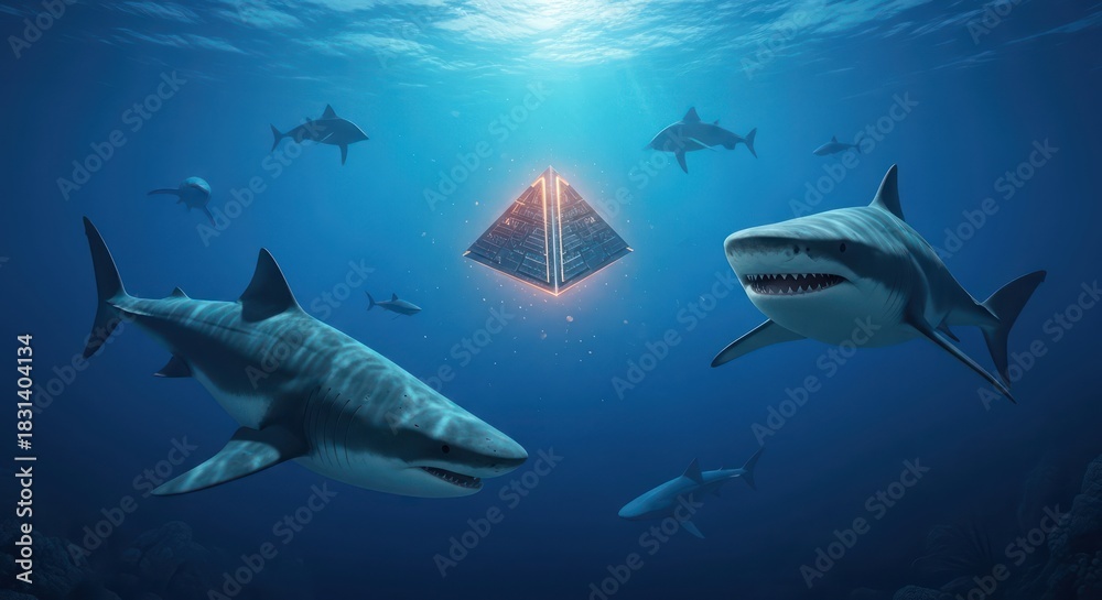 Fototapeta premium Underwater Realm of Great White Sharks Encircling a Mysterious Glowing Pyramid