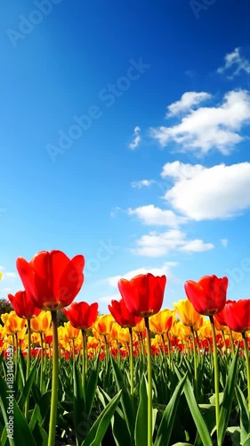 Red tulips blooming on green field under blue sky, spring floral nature garden landscape, vertical 9:16 social media background