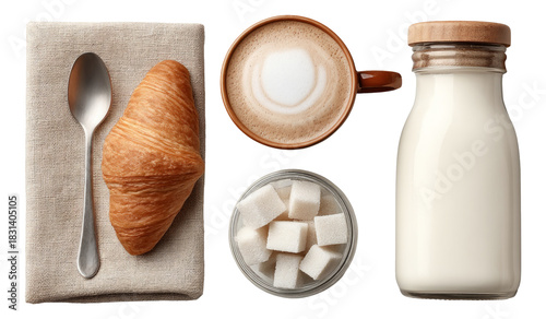Delicious Breakfast Setup with Croissant, Coffee, Milk, and Sugar Cubes on Table