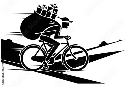 Silhouette of Santa Claus delivering Christmas presents on a bicycle.