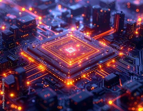 Futuristic computer processor with interconnected cityscape lights