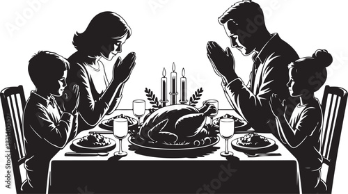 A silhouetted family gathers around a festive dinner table, bowing their heads in prayer before enjoying a traditional holiday meal together.